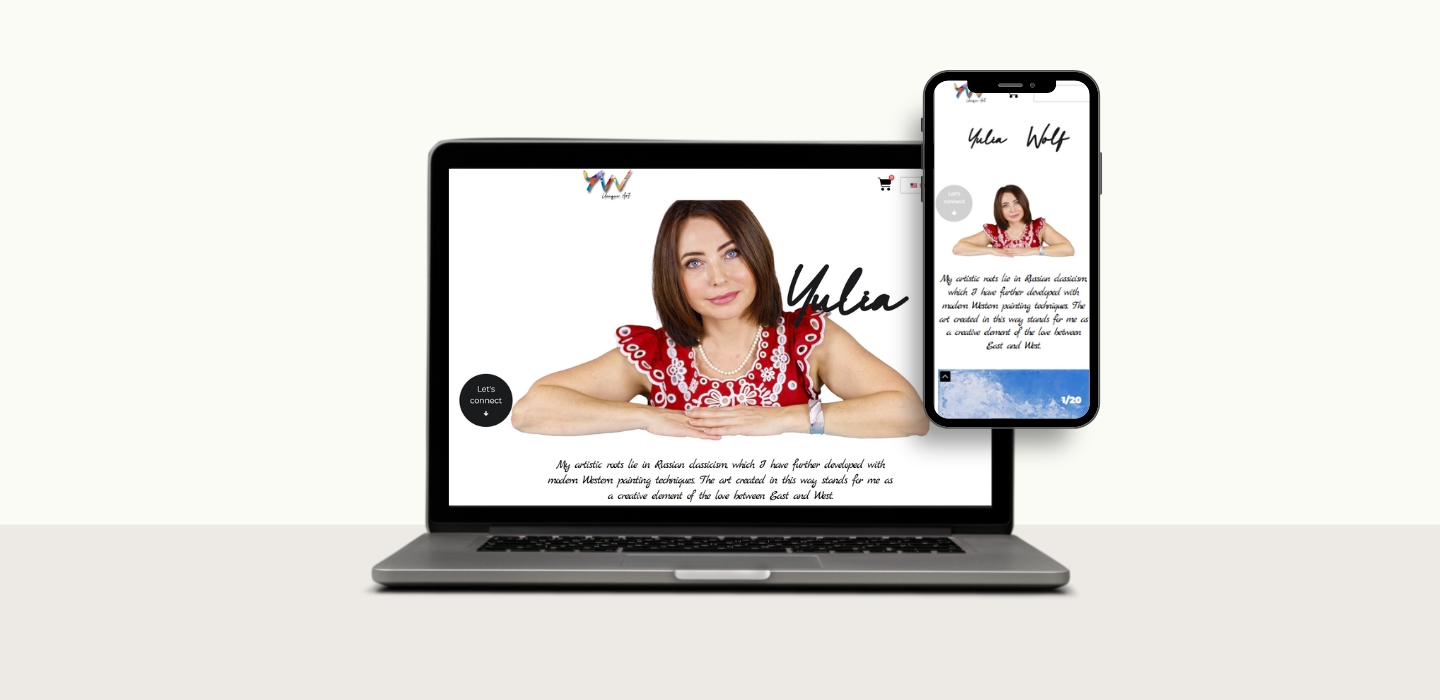 Screenshot der Yulia Wolf-Website mit weißem Hintergrund, handschriftlichem Logo ‚Yulia Wolf‘ und Porträtfoto der Gründerin vor klarem Layout.