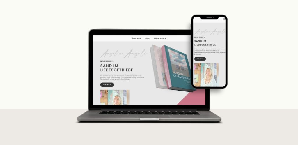 Screenshot der Angelina Angali-Webseite mit pastellfarbenem Buch-Cover, Produkt-Mockup und klarem Titeldesign auf weißem Hintergrund.