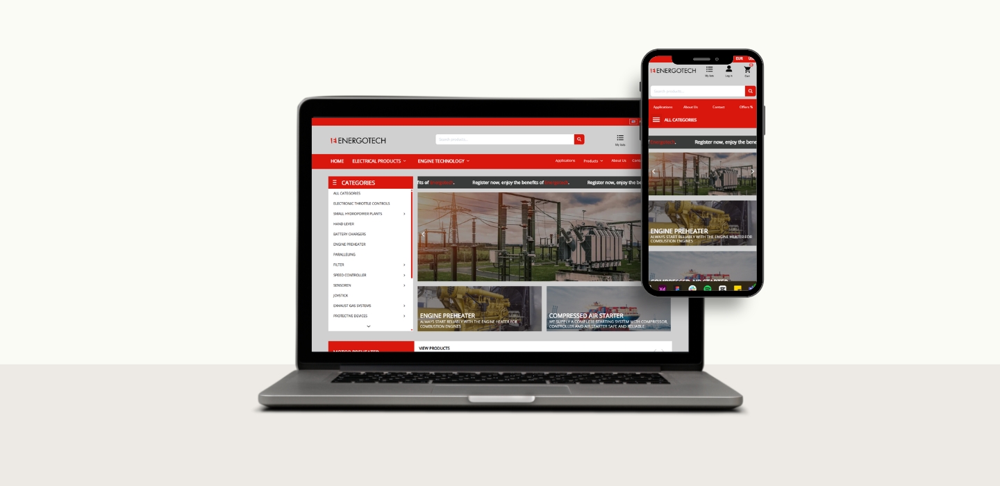 Screenshot der Energotech-Website mit rotem Navigationsmenü links, Hauptbanner mit einem roten Traktor auf einem Feld und Produktkategorien oben.