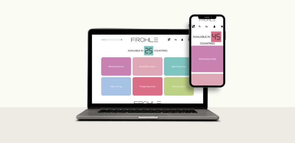 Screenshot der Fröhle-Startseite mit weißem Hintergrund, quadratischen Pastell-Produktkacheln in einem Raster und schlichtem Logo oben.