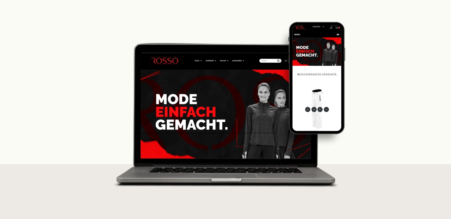 Screenshot der Rosso-Startseite mit schwarzem Hintergrund, rotem Slogan ‚MODE EINFACH GEMACHT‘ und Porträt zweier Models im Vordergrund.