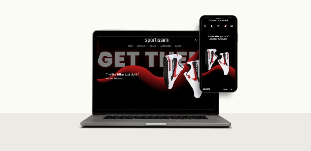 Screenshot der Sportissimi-Website mit dunklem Hintergrund, großem Bild einer Sport-Sneaker und prominentem Text ‚GET THE LOOK‘.
