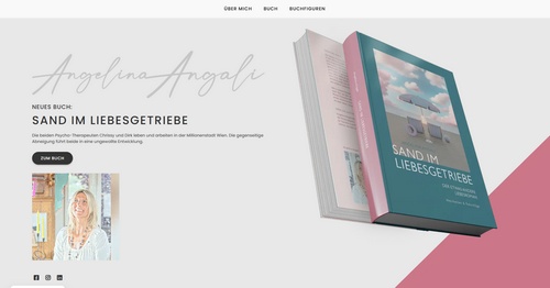 Screenshot der Angelina Angali-Webseite mit pastellfarbenem Buch-Cover, Produkt-Mockup und klarem Titeldesign auf weißem Hintergrund.