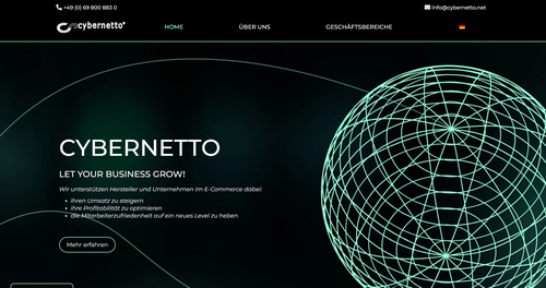 Screenshot der Cybernetto-Landingpage mit schwarzem Hintergrund, neon­grüner, dreidimensionaler Wireframe-Kugel rechts und Menüleiste mit Text ‚Cybernetto – Let Your Business Grow!‘.