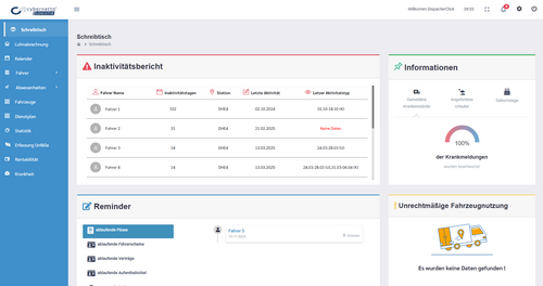 Screenshot eines Logistik-Dashboards einer C#-Webanwendung aus 2020 mit blauem Seitenmenü, einer Tabelle ‚Aktivitätsübersicht‘ in der Mitte, einem Kreisdiagramm im Bereich ‚Informationen‘, einer Liste ‚Reminder‘ darunter und der Beschriftung ‚Logistik 2020 C#