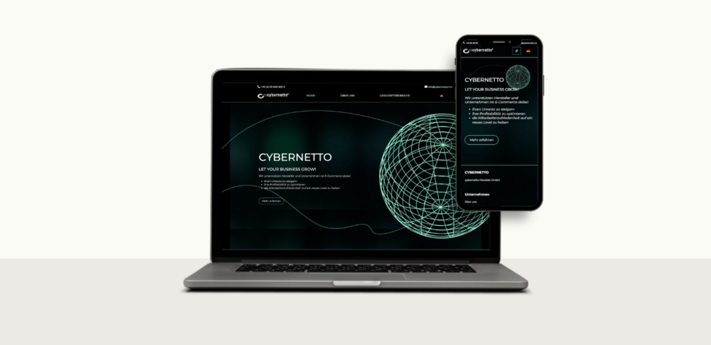 Screenshot der Cybernetto-Landingpage mit schwarzem Hintergrund, neon­grüner, dreidimensionaler Wireframe-Kugel rechts und Menüleiste mit Text ‚Cybernetto – Let Your Business Grow!‘.