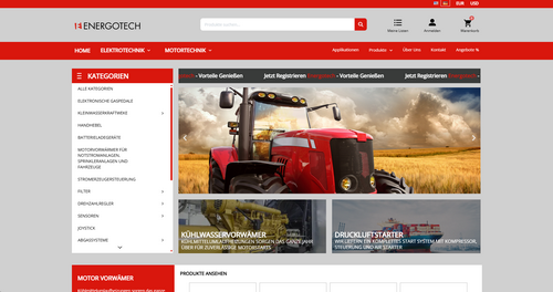 Screenshot der Energotech-Website mit rotem Navigationsmenü links, Hauptbanner mit einem roten Traktor auf einem Feld und Produktkategorien oben.