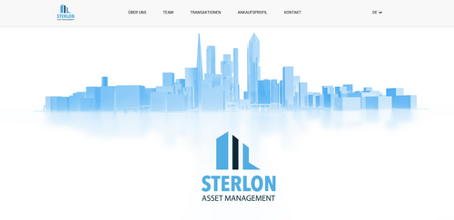 Screenshot der Sterlon AM-Website mit stilisierter blaue Skyline-Grafik, Unternehmenslogo und schlichtem Navigationsmenü.