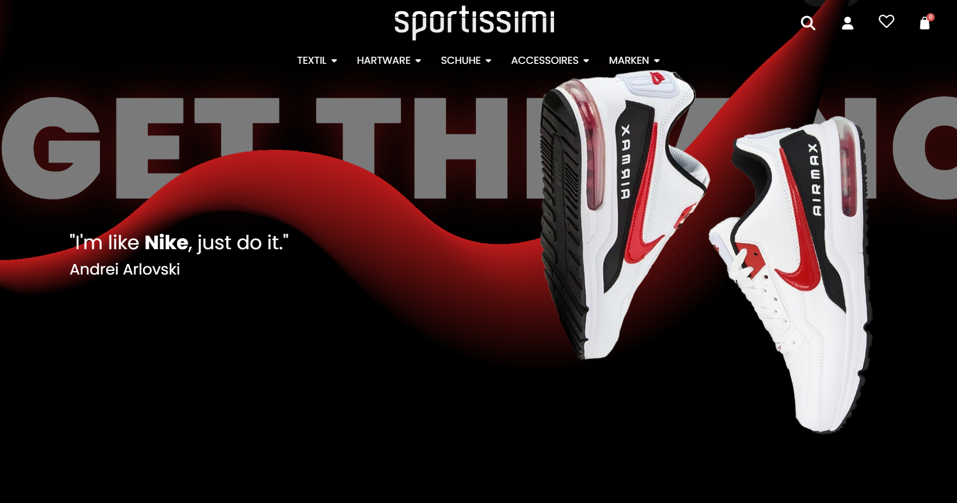 Screenshot der Sportissimi-Website mit dunklem Hintergrund, großem Bild einer Sport-Sneaker und prominentem Text ‚GET THE LOOK‘.