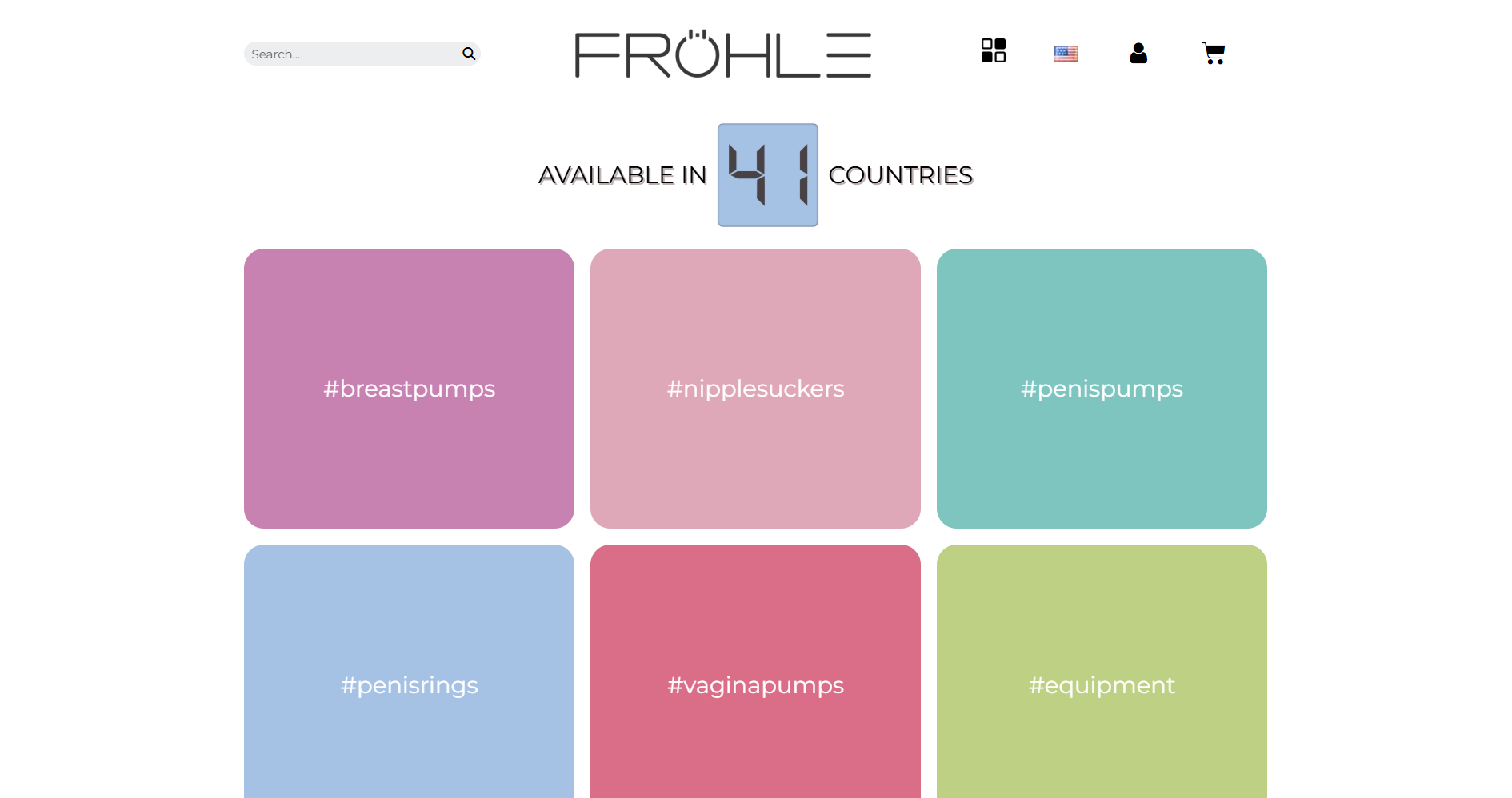 Screenshot der Fröhle-Startseite mit weißem Hintergrund, quadratischen Pastell-Produktkacheln in einem Raster und schlichtem Logo oben.