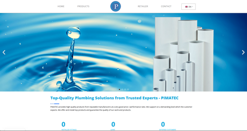 Screenshot der Pimatec-Startseite mit blauem Wasser­tropfen-Hero-Bild, schlichtem oberen Navigations­menü und Text ‚Top-Quality Plumbing Solutions from Trusted Experts‘.