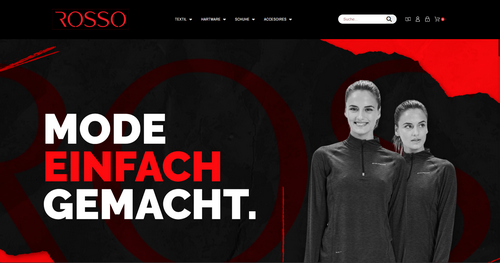 Screenshot der Rosso-Startseite mit schwarzem Hintergrund, rotem Slogan ‚MODE EINFACH GEMACHT‘ und Porträt zweier Models im Vordergrund.