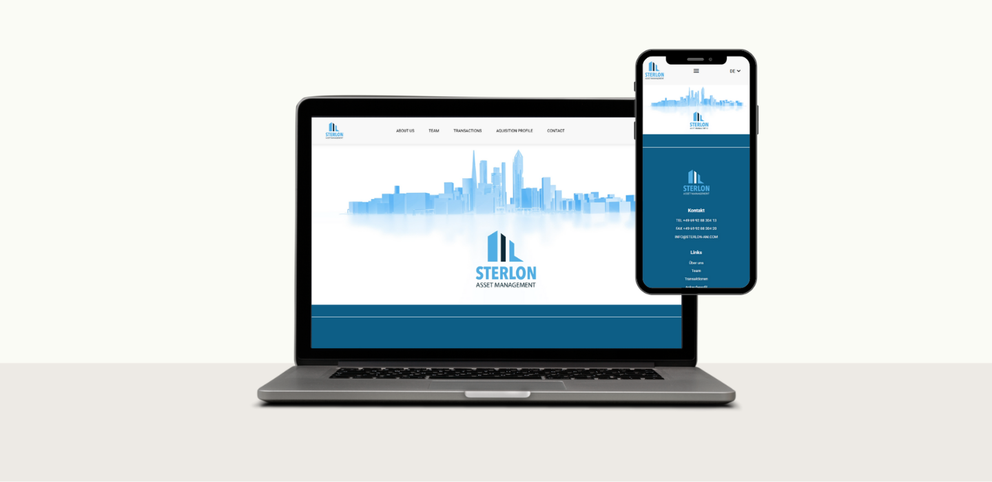Screenshot der Sterlon AM-Website mit stilisierter blaue Skyline-Grafik, Unternehmenslogo und schlichtem Navigationsmenü.